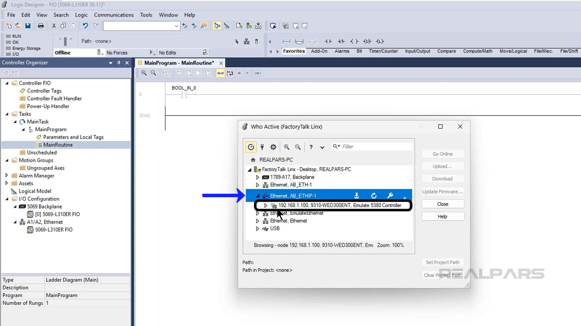 Emulated controller shows up under the EtherNet/IP driver