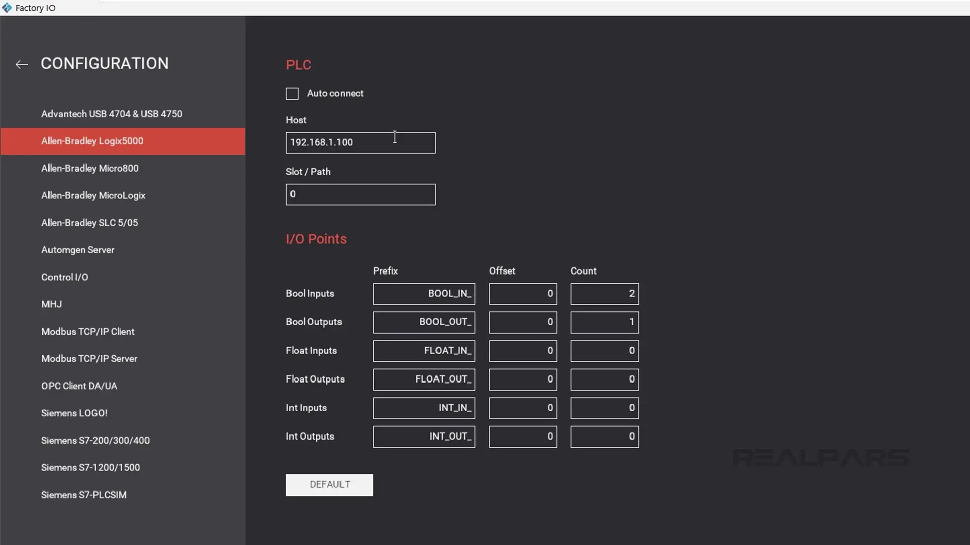 Set the emulated PLC IP in Factory IO