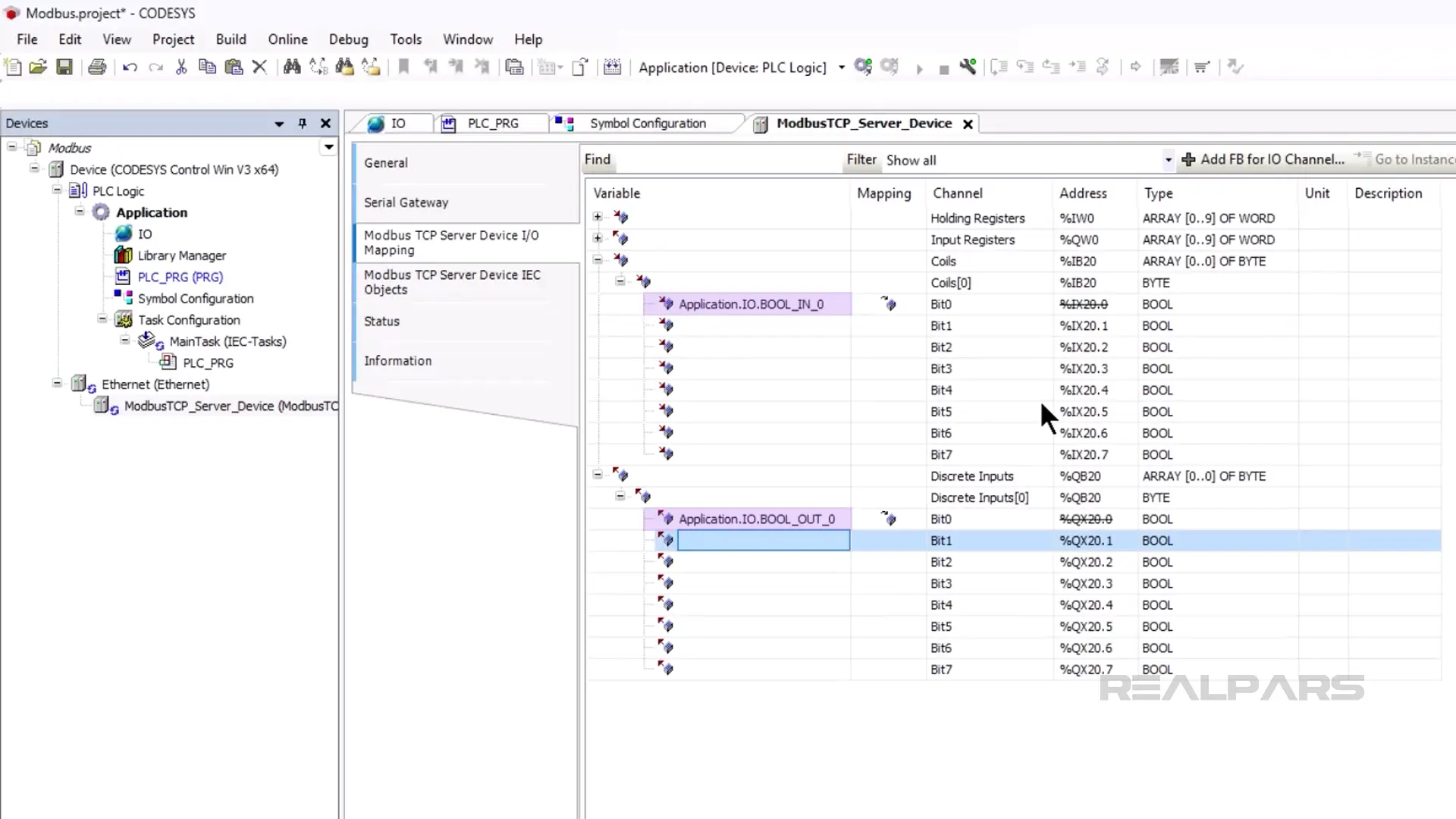 Map the IO variables to the Modbus TCP Server in CODESYS
