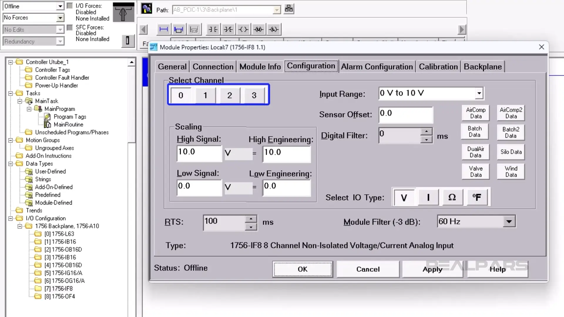 AB 1756-IF8 Analog input module configuration.