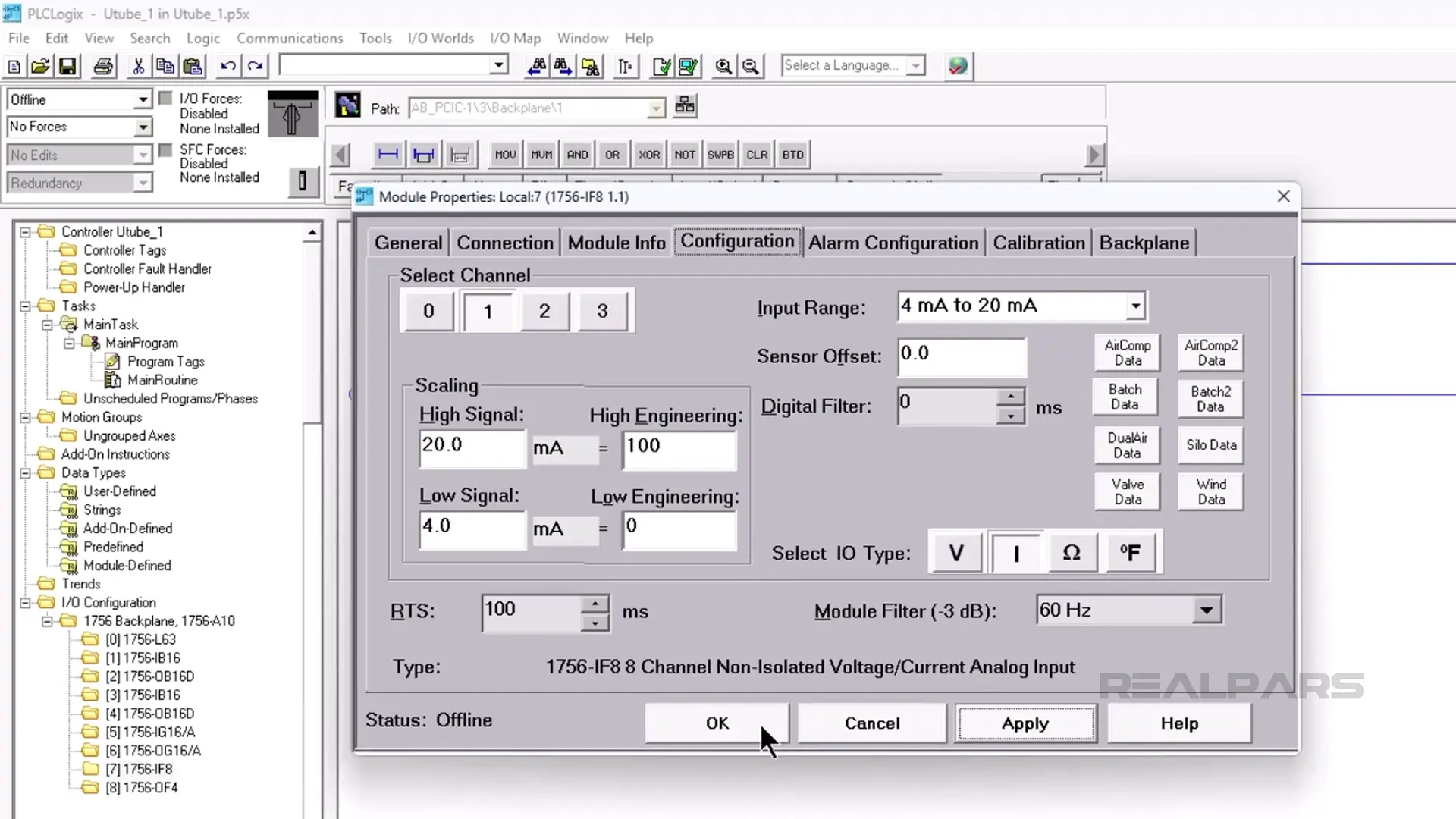 AB 1756-IF8 Analog input module properties.