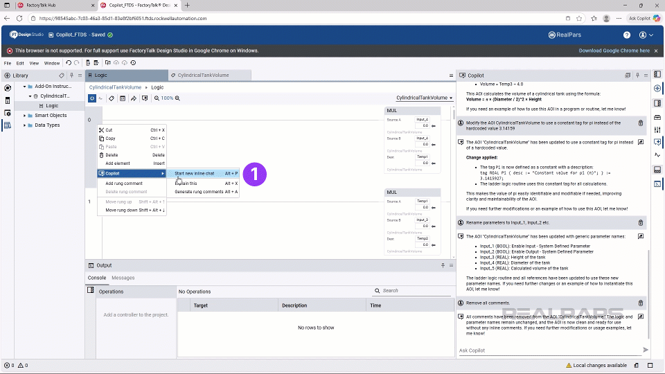 Using Copilot to explain what the code is doing in FactoryTalk Design Studio