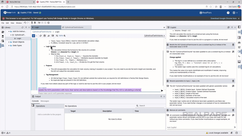 Asking Copilot to document the AOI based on its analysis in FactoryTalk Design Studio