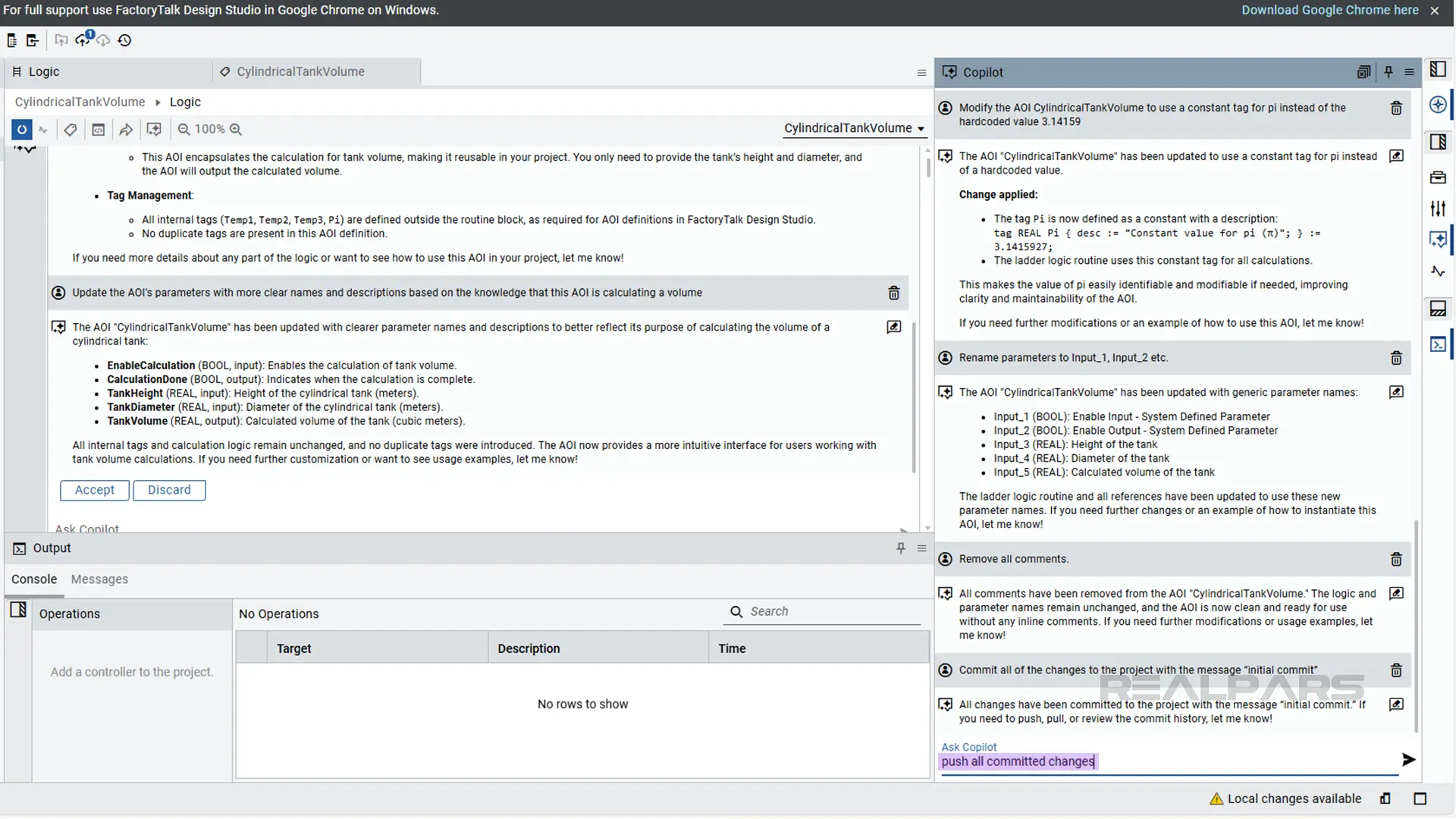 Push the changes to the remote repository using Copilot in FactoryTalk Design Studio