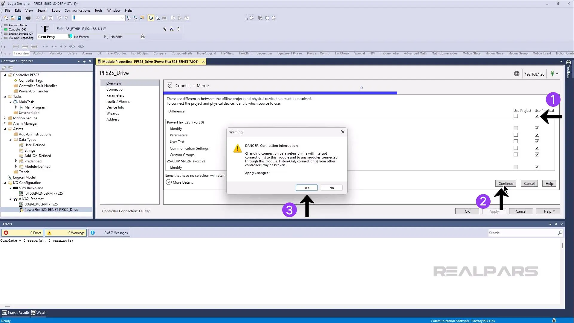 PowerFlex 525: Uploading the parameters from the drive into the project
