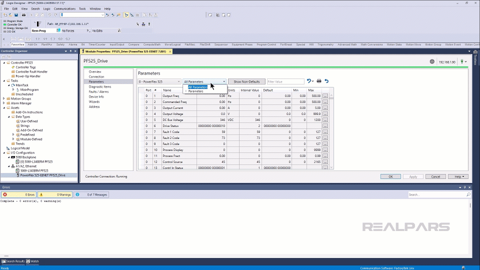 Configure the drive manually using the Parameters tab