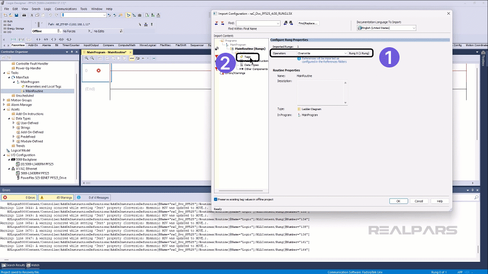 Importing the components and tags to interface with PowerFlex 525 drive