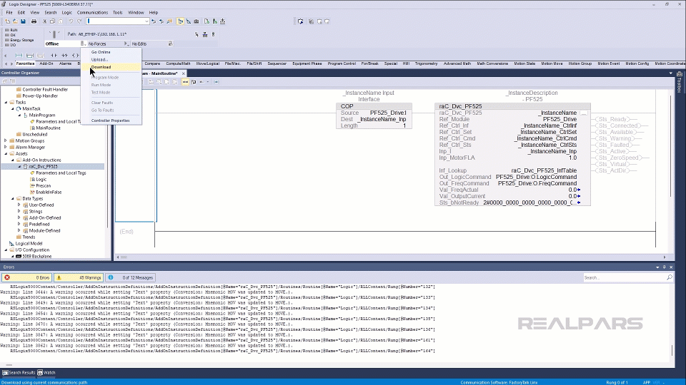 Downloading project to the PLC in Studio 5000.