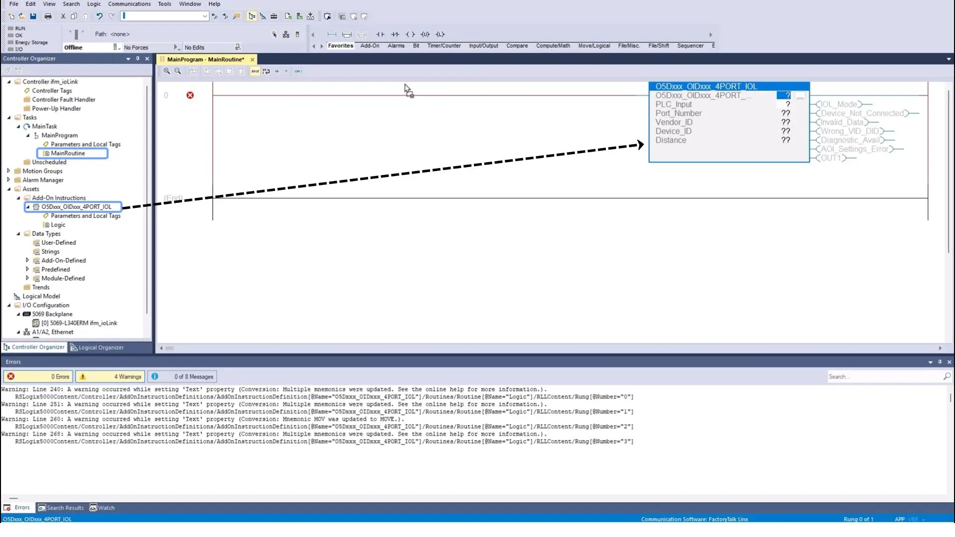Adding Add-On Instruction, which contains the O5D150 distance sensor to the MainRoutine.