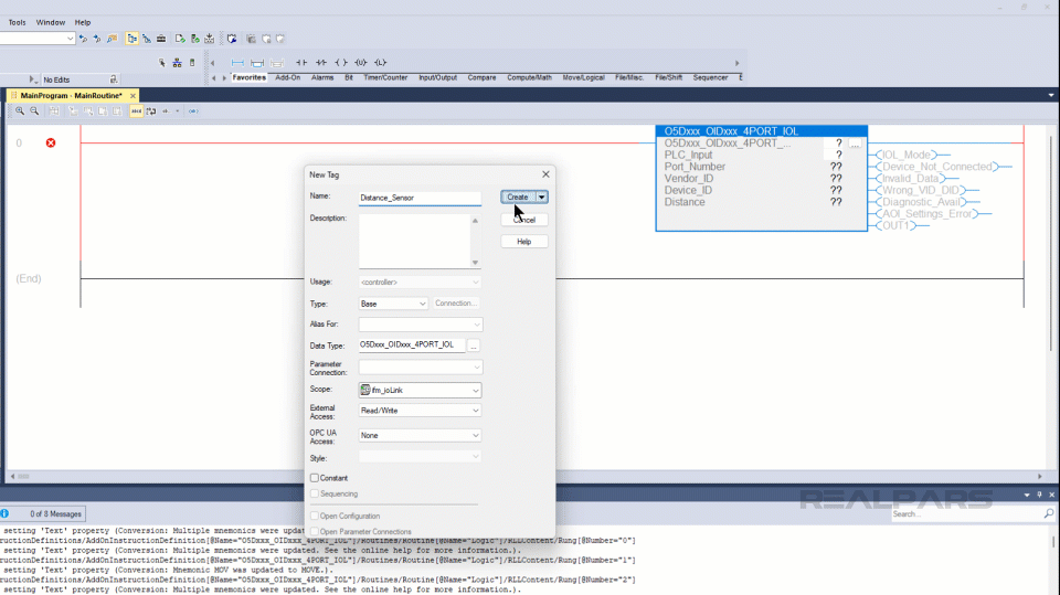 Parameterize the O5D150 distance sensor Add-On Instruction.