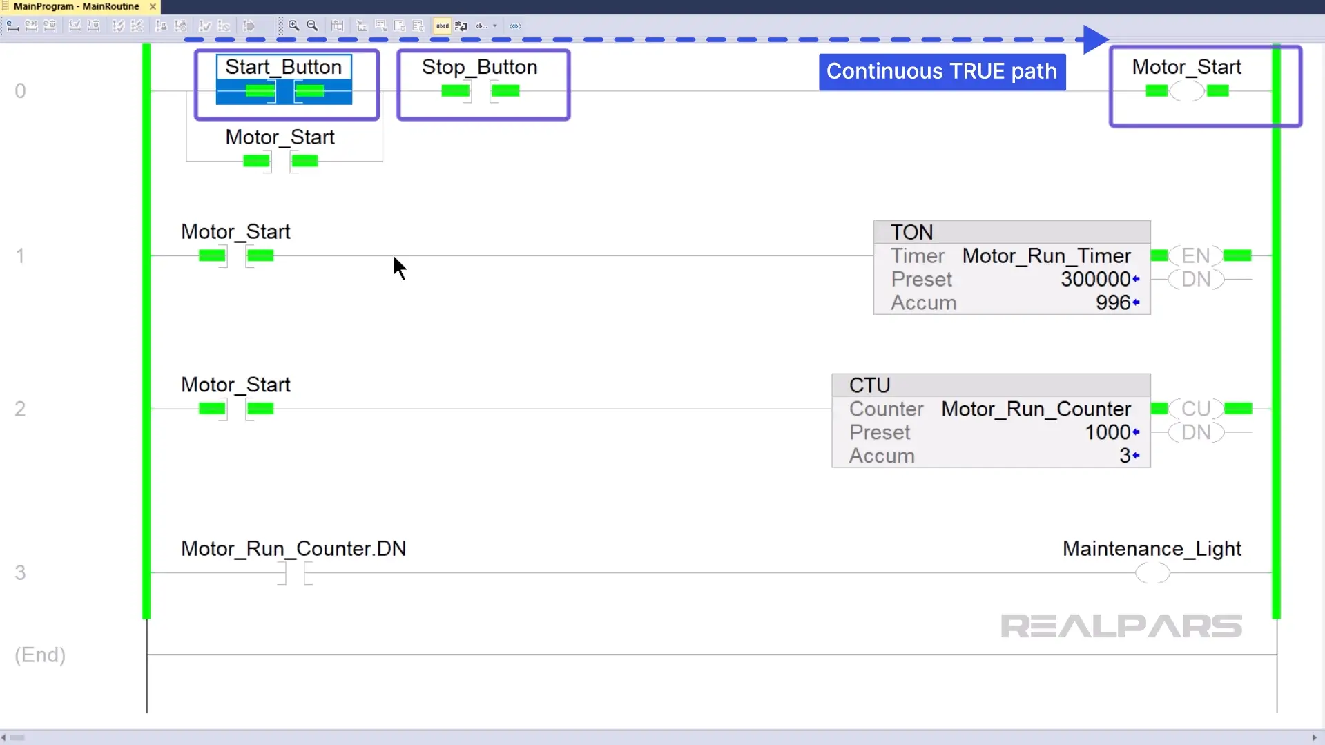 Continuous path of 'True' instruction to run the motor.