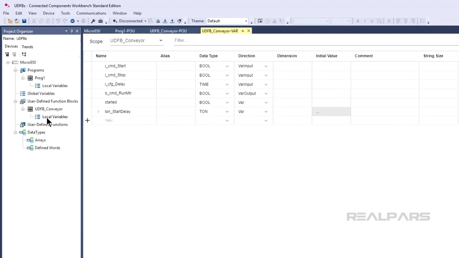 UDFB_Conveyor variables table
