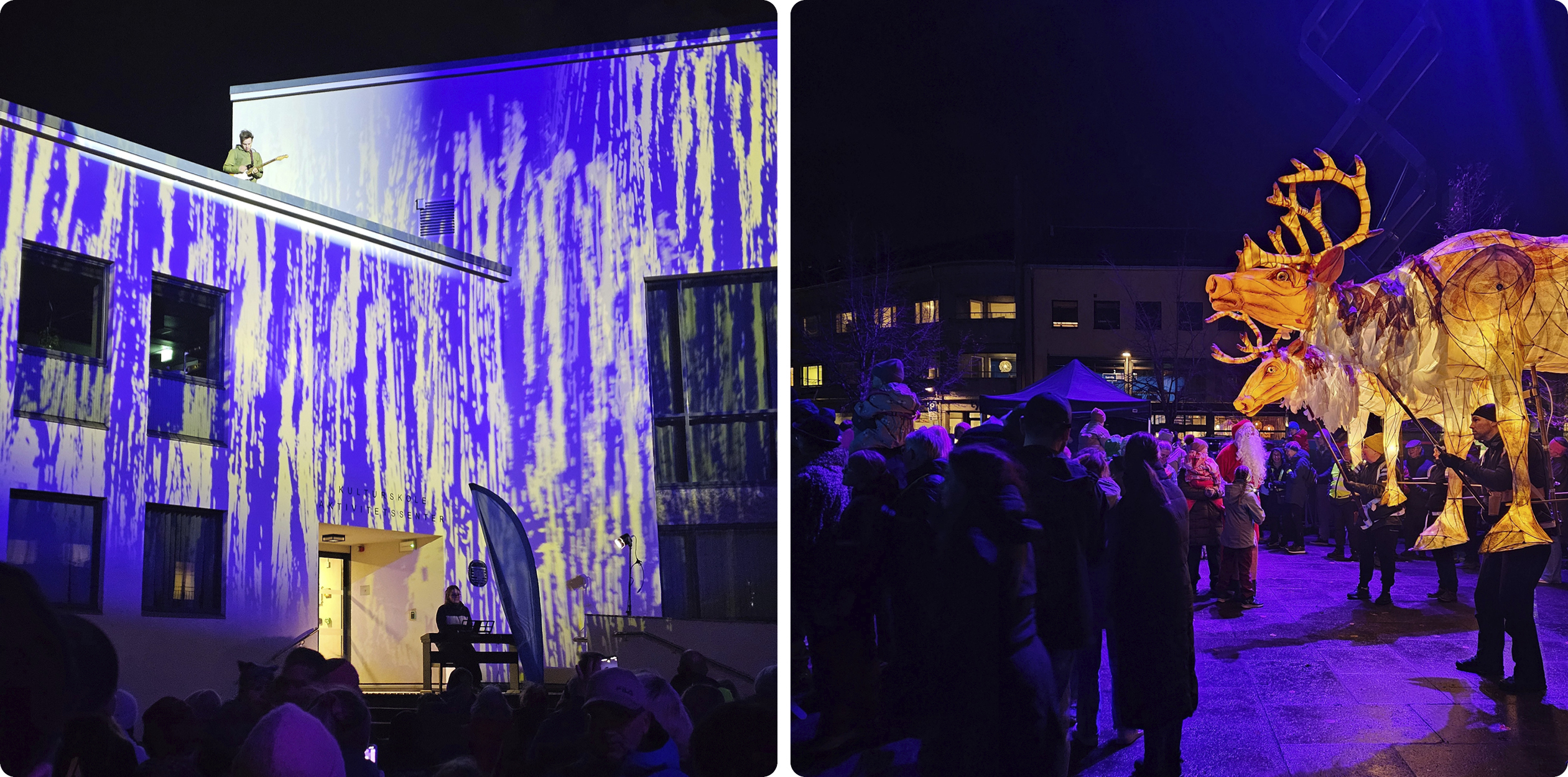 Till vänster: en ljussatt byggnad där en ung person står på taket och spelar elgitarr. Till höger: Konstverket i form av lysande renar rör sig genom publiken.