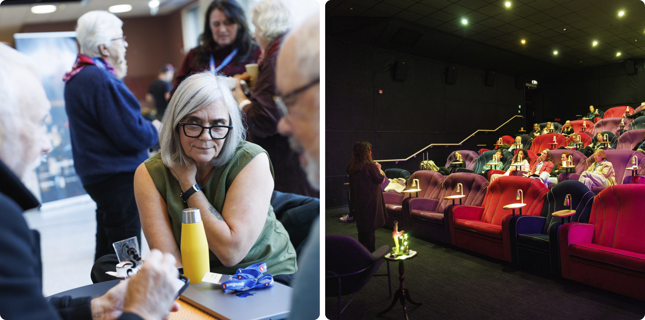 Till vänster: Personer sitter runt ett fikabord och pratar. Till höger: En biosalong fylld med personer som deltar i en parallellsession om talangutveckling. 
