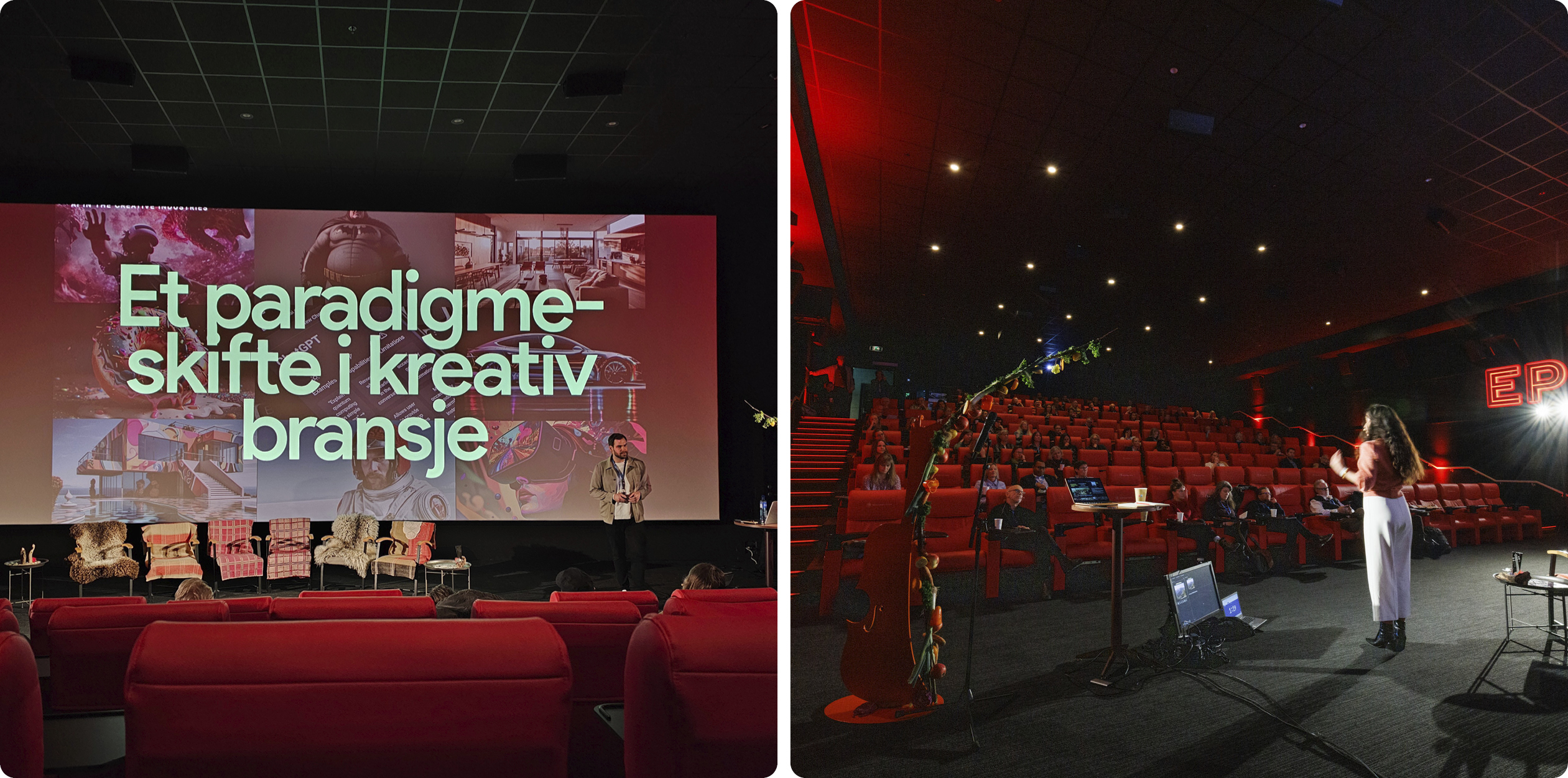 Till vänster. Christian Schüssler står på scenen framför bioduken med texten "Et paradigmskifte i kreativ bransje". Till höger, bild på Julie Skaufel när hon står på scenen och föreläser för publiken som sitter i en biosalong.