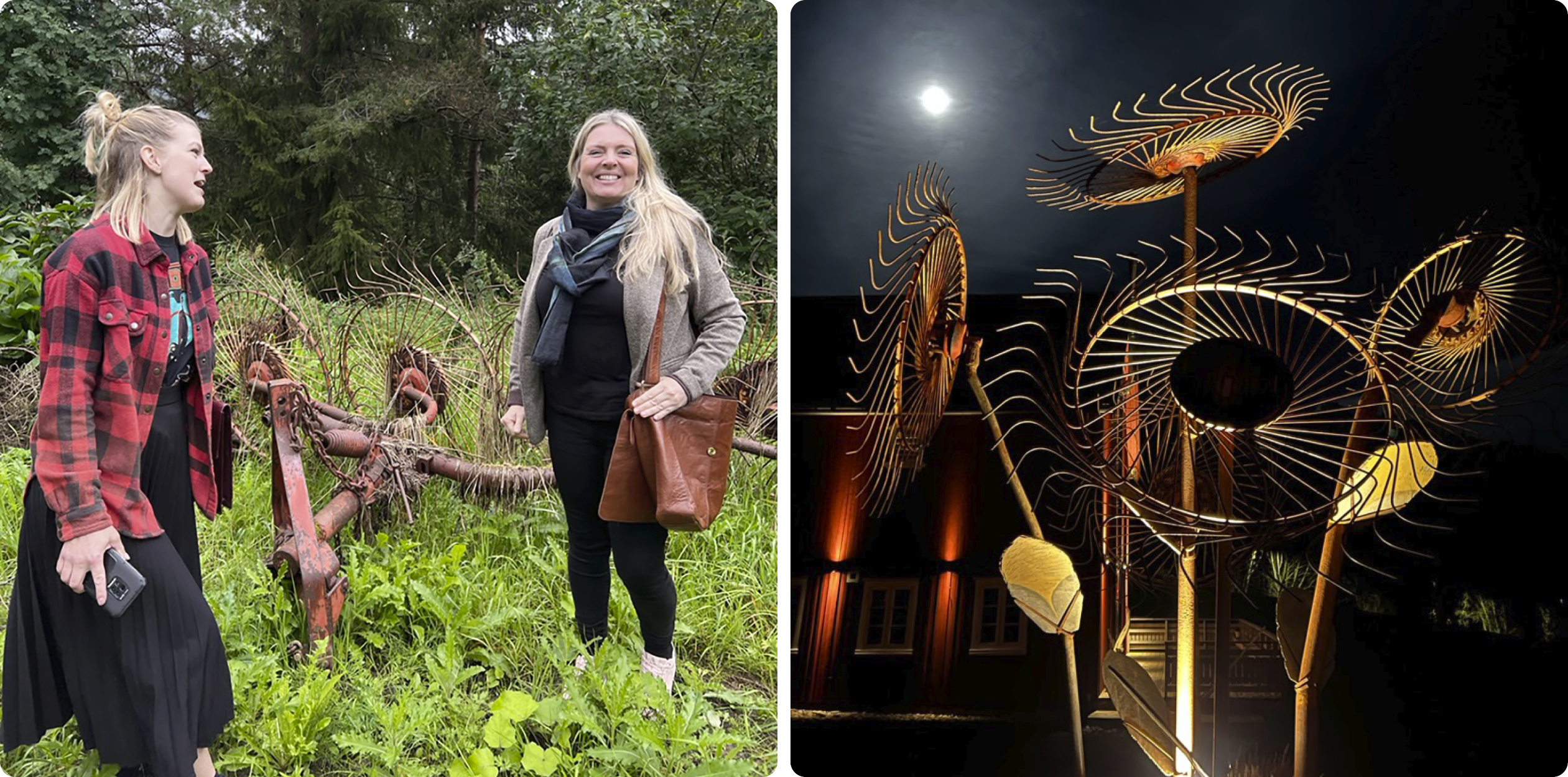 Till vänster: Moa Olofsdotter och Eilen Austli står utomhus och undersöker en gammal hövändare som ligger på marken. Till höger: Det färdiga konstverket Nyvändaren, byggt av delar från en hövändare, står uppställt utomhus på gården.