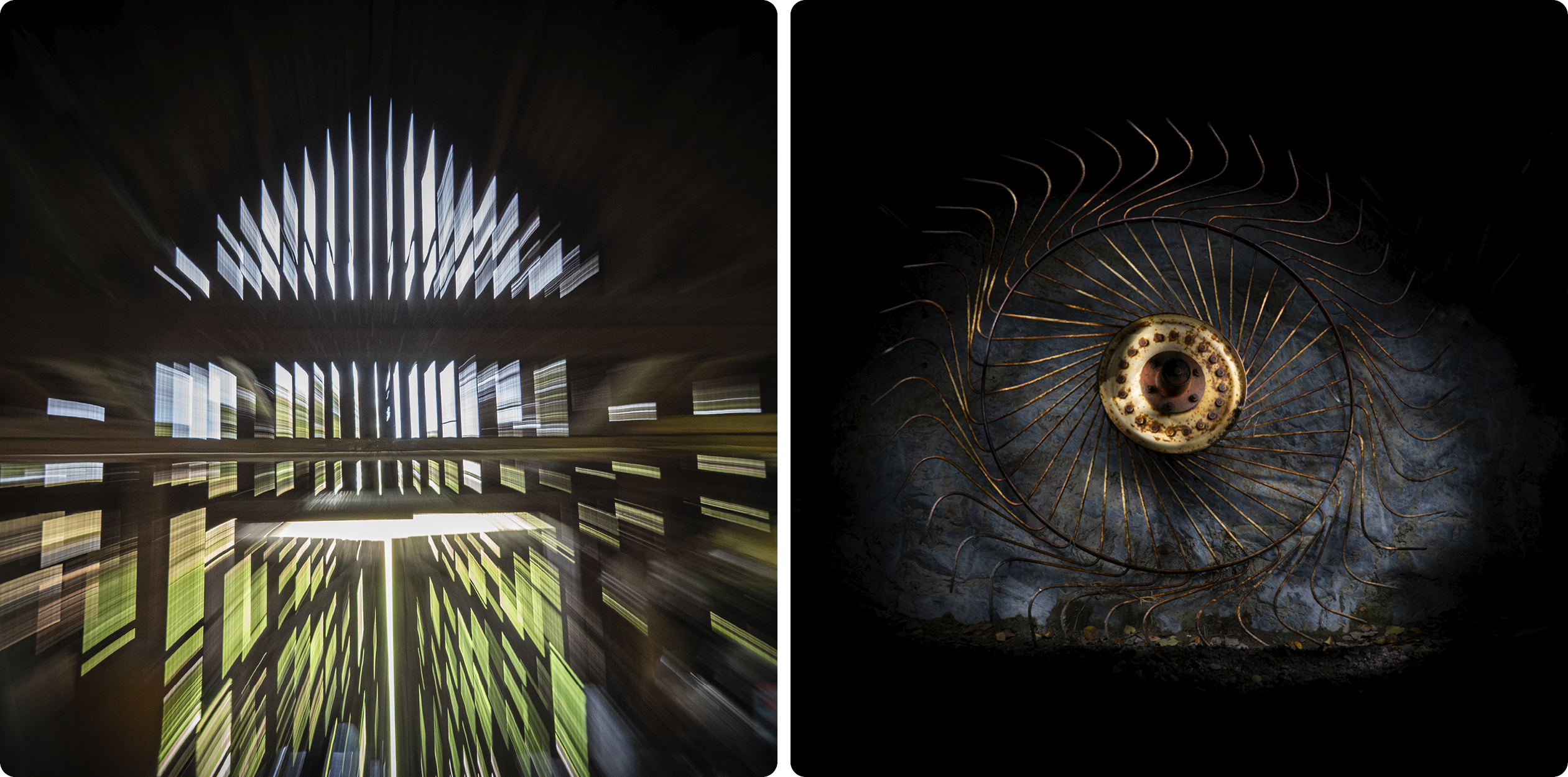 Till vänster: Konstfoto av Eilen Austli skapat med ljusmålning. Abstrakt motiv fotograferat inifrån en lada, där ljus strilar in genom springor i väggarna. Till höger: Konstfoto av Eilen som visar ett av hjulen från hövändaren, lätt upplyst mot en mörk bakgrund.