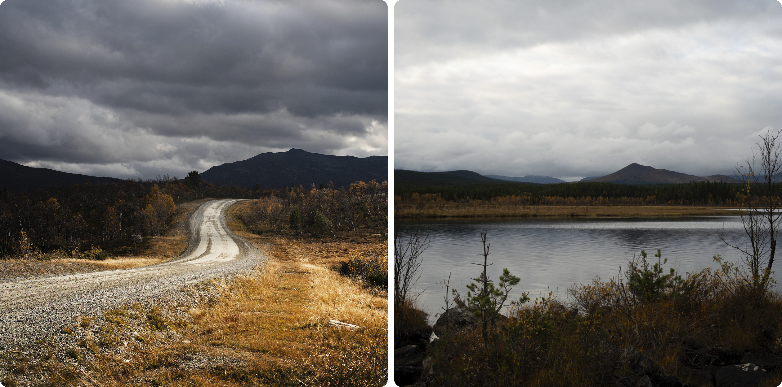 Till vänster: Grusväg som slingrar sig fram i ett höstfärgat fjällandskap. Mörka moln på himlen. Till höger: Utsikt över en fjällsjö med kala träd i förgrunden, och  molntäckta berg i bakgrunden. 