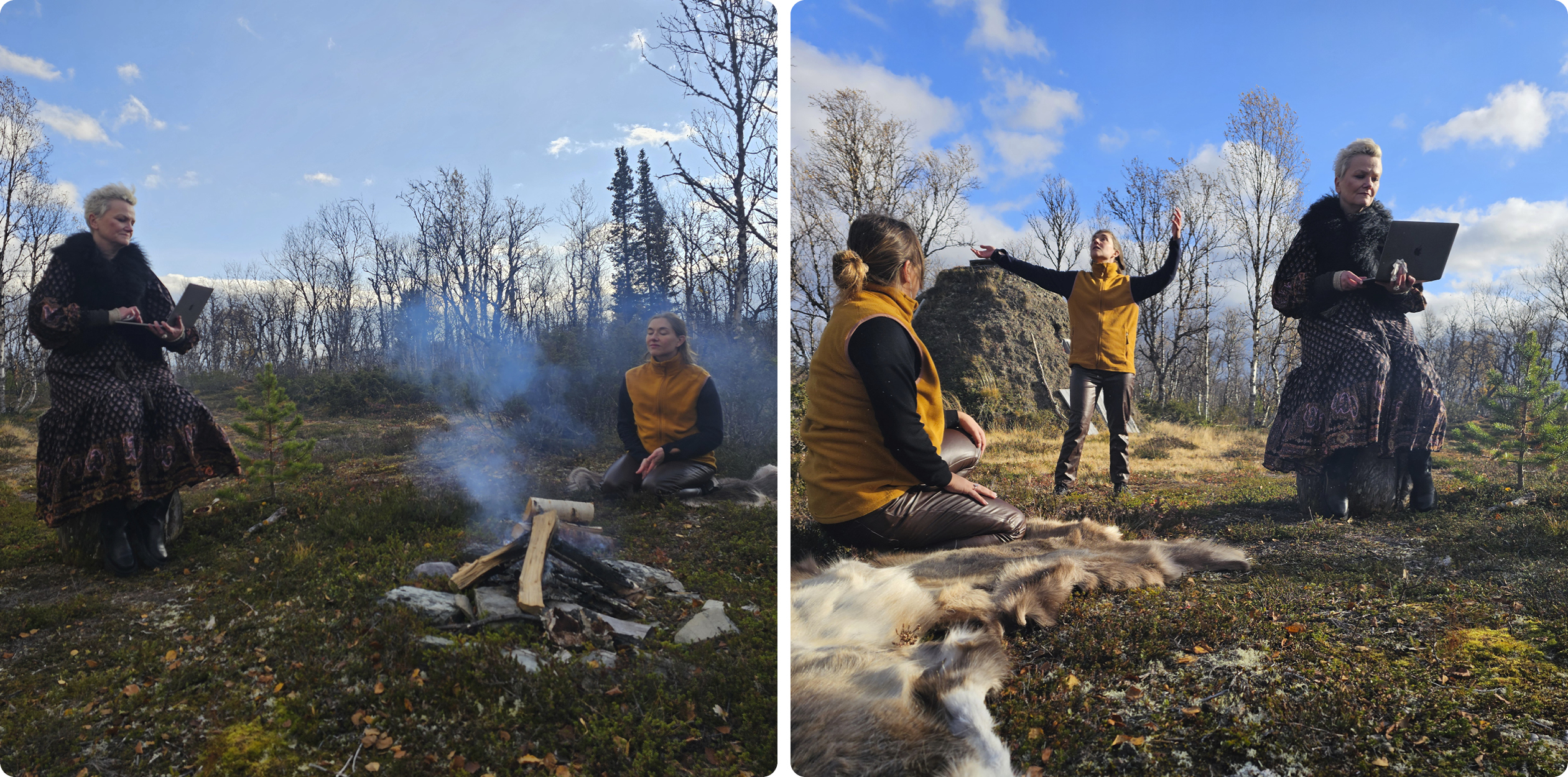 Till vänster: Astri Hansen Juvik sitter på en stubbe i en skogsglänta och läser berättelsen medan Irma sitter på en renfäll på marken framför en brasa. Till höger: Irma dansar medan Astri läser berättelsen och Marika jojkar. 
