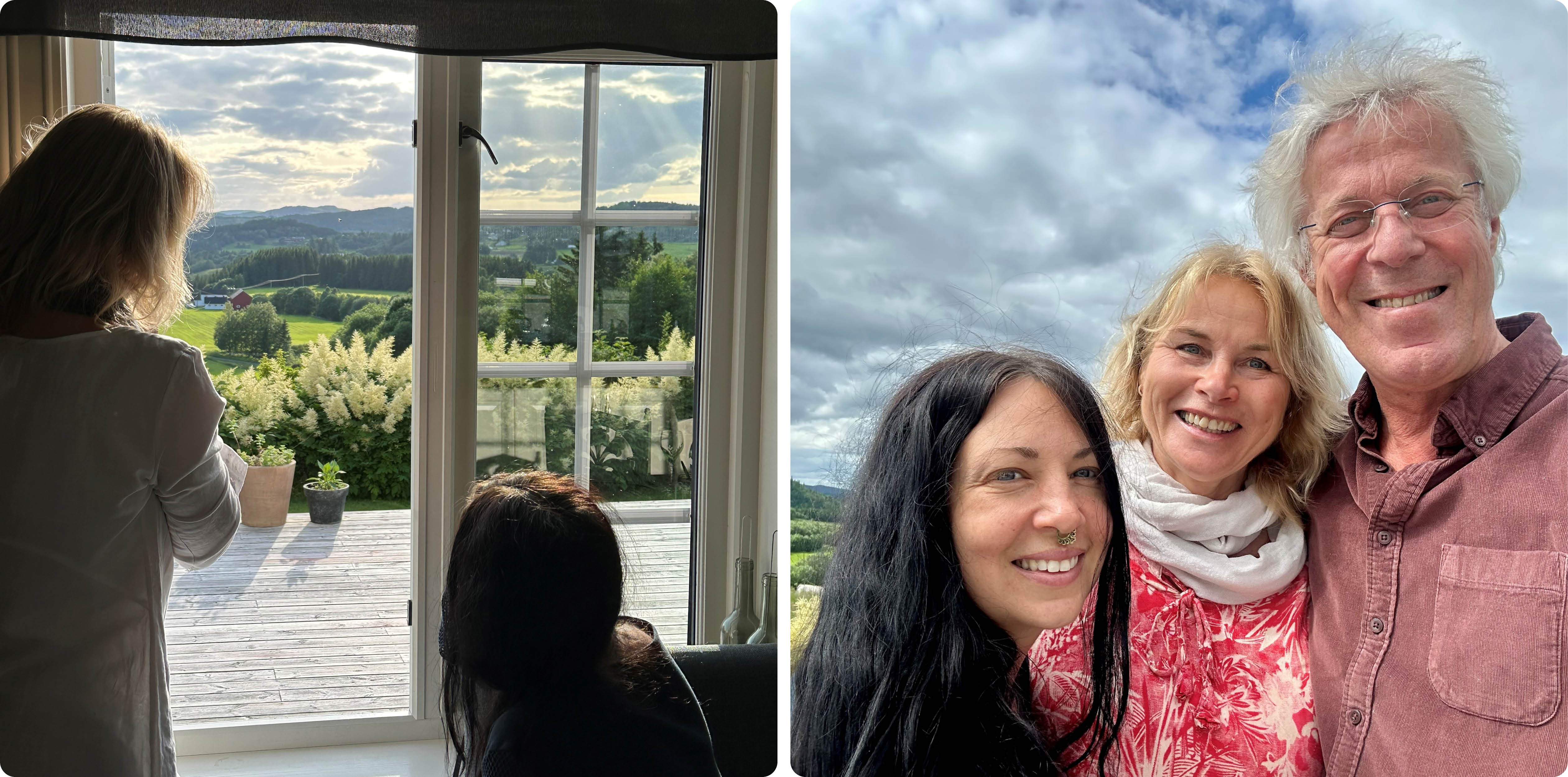 Till vänster: Två personer tittar ut genom ett öppet fönster på Troset Gård, med utsikt över gröna fält, skog och böljande kullar. 
