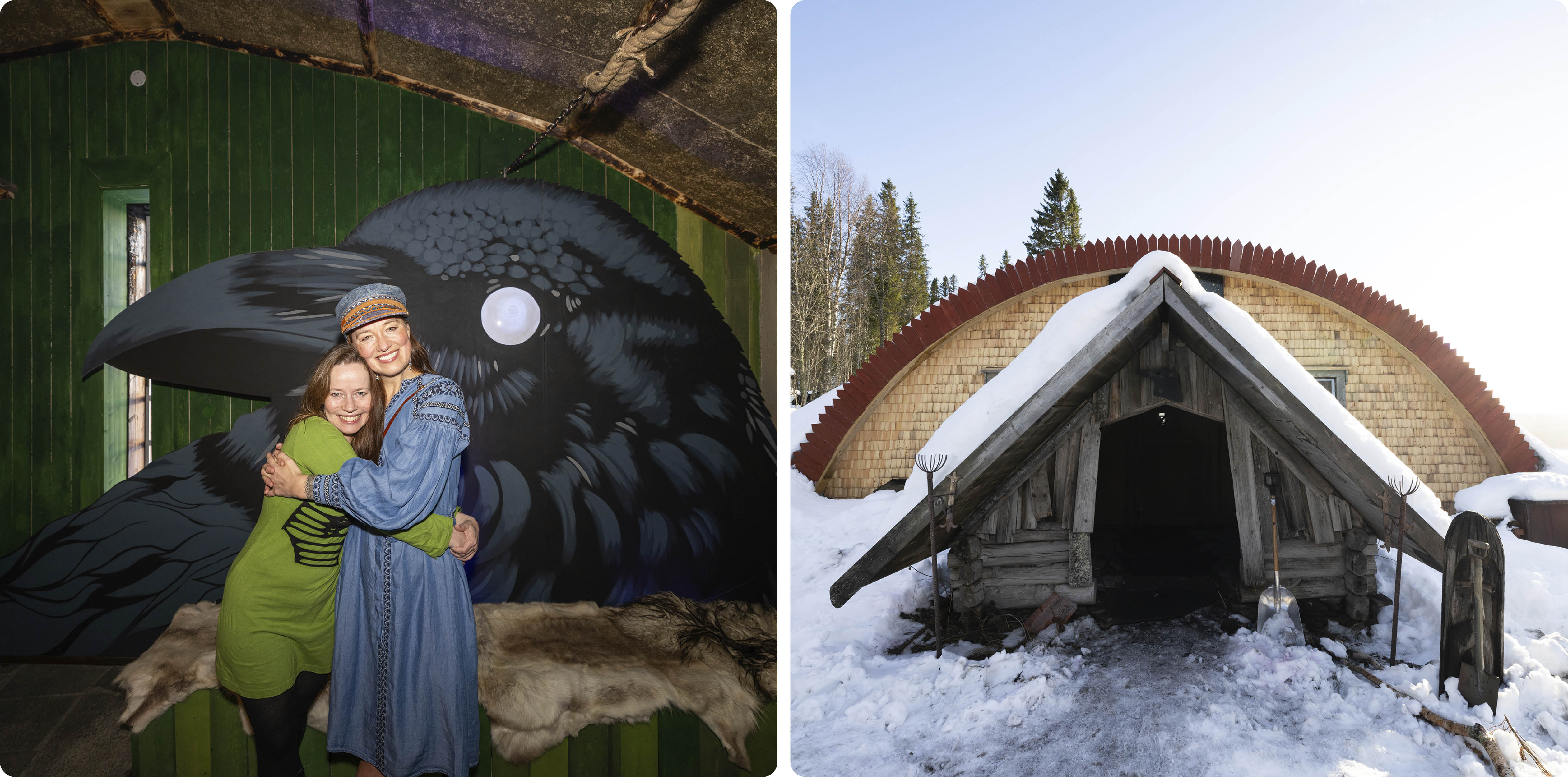 Till vänster: Siv Trine Haldaas och Linda Kalkan kramar varandra, stående framför väggmålning föreställande en korp. Till höger: Entrén till huset Ögat byggt i trä. 