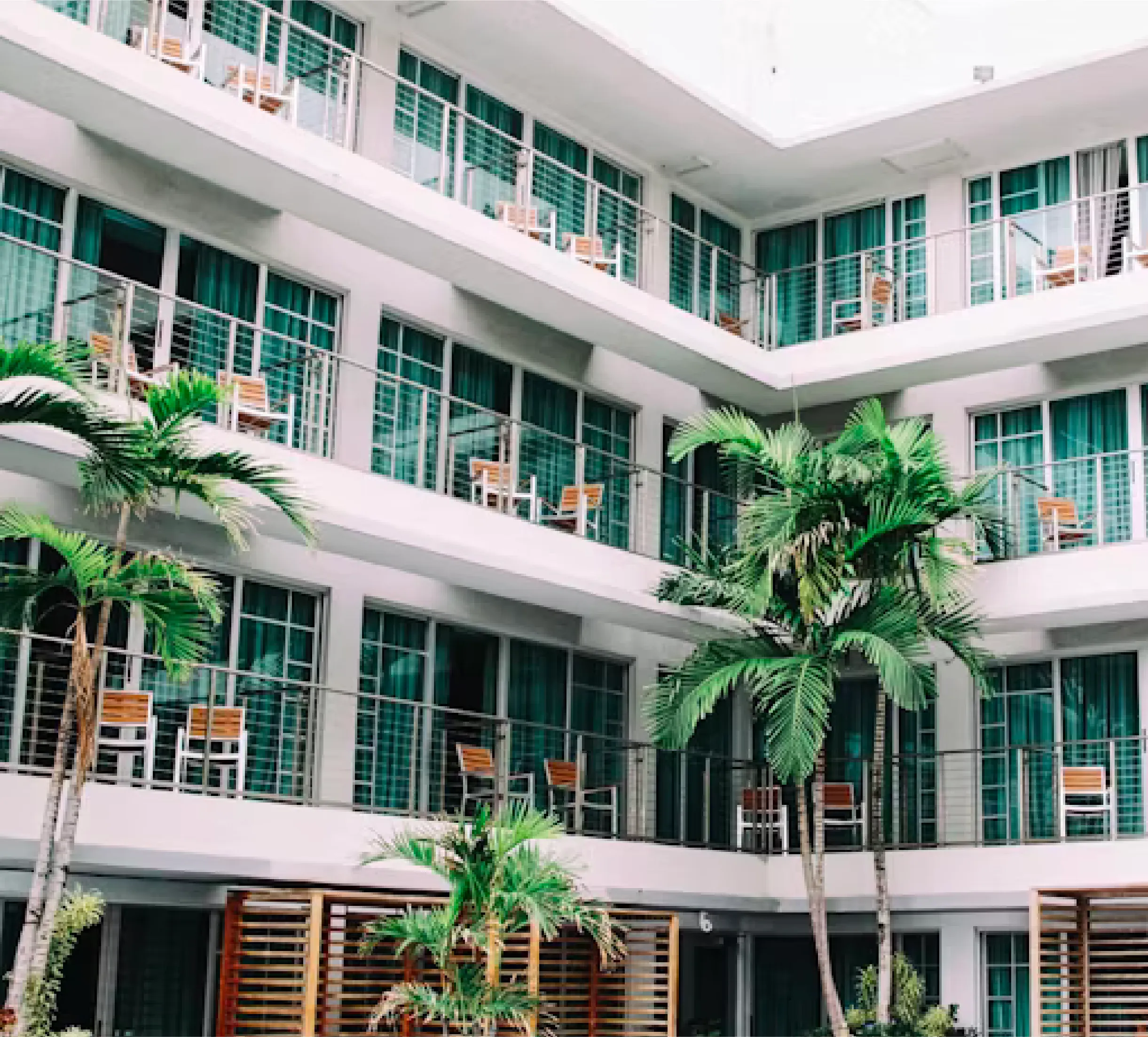 Modern Miami apartment building with palm trees, serviced by The Sparkle Squad Cleaning