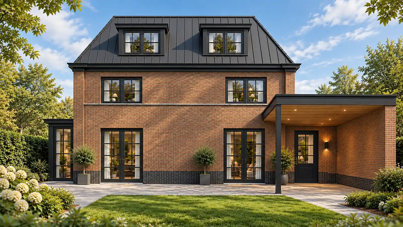 Vrijstaande hoogbouw woning met rode gevelstenen en donkere kozijnen