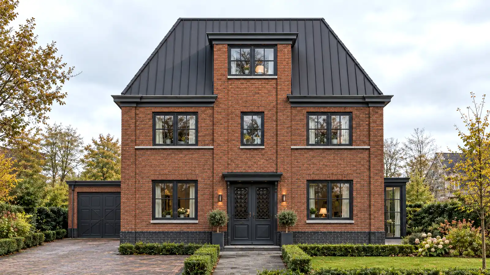 Vrijstaande hoogbouw woning met rode gevelstenen en donkere kozijnen
