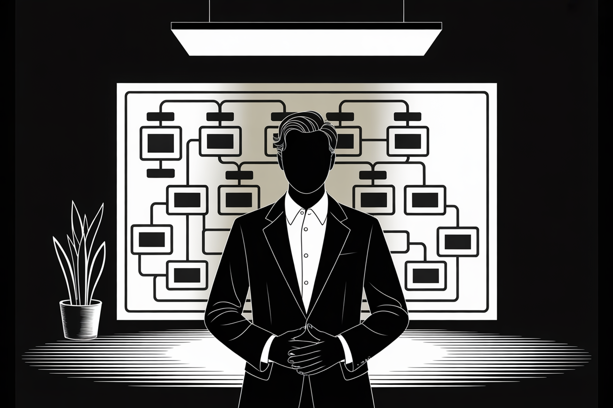 Silhouette eines Geschäftsmannes im Anzug, der mit vor der Brust verschränkten Händen vor einem beleuchteten Projektplan steht.