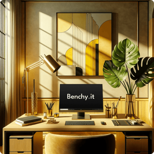 Benchy office, desk with desktop computer and flowers