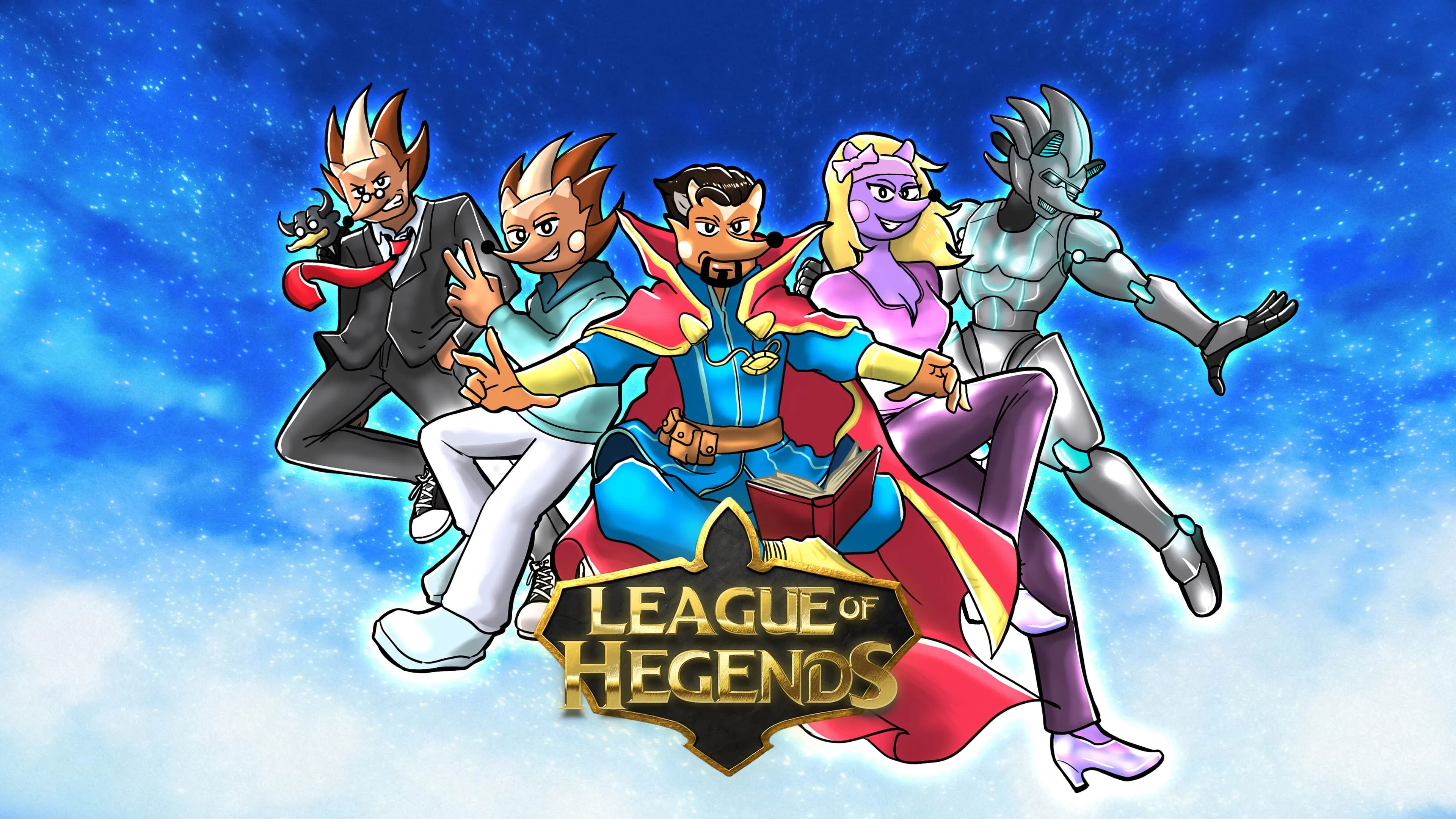 The characters in the  League of Hegends all together, against a starry blue background.