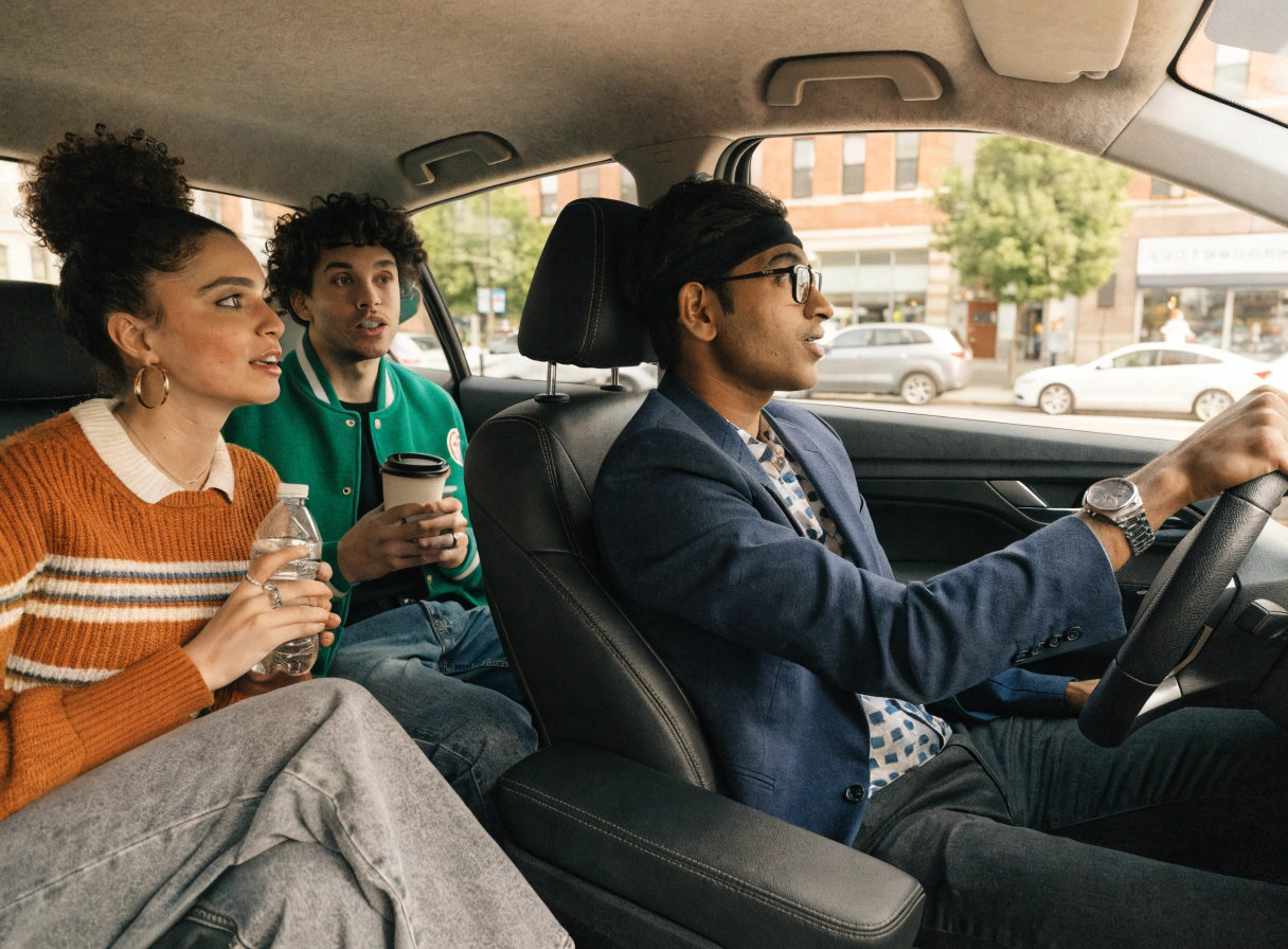 An Indian driver and two passengers carpooling in a car