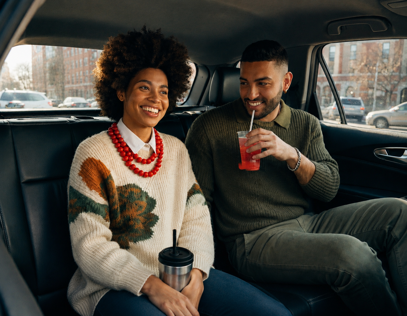 Three professional colleagues carpooling in a car