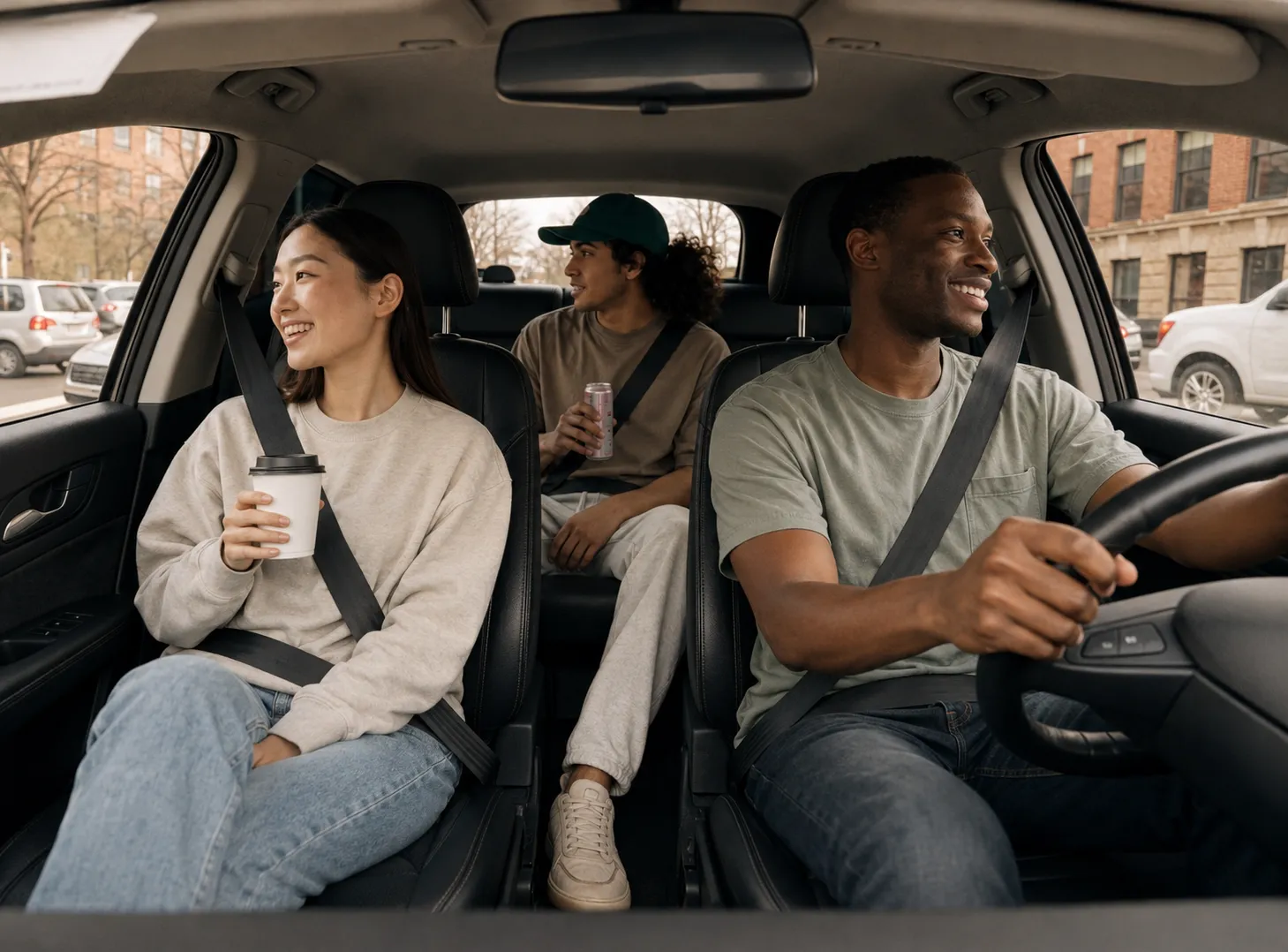 A driver and two passengers in a car