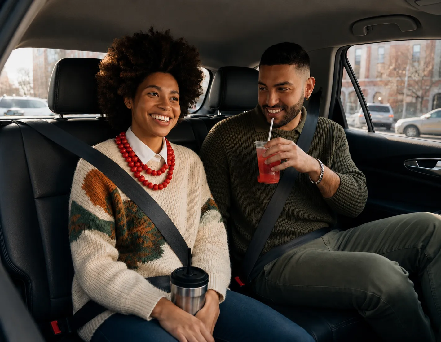 Three professional colleagues carpooling in a car