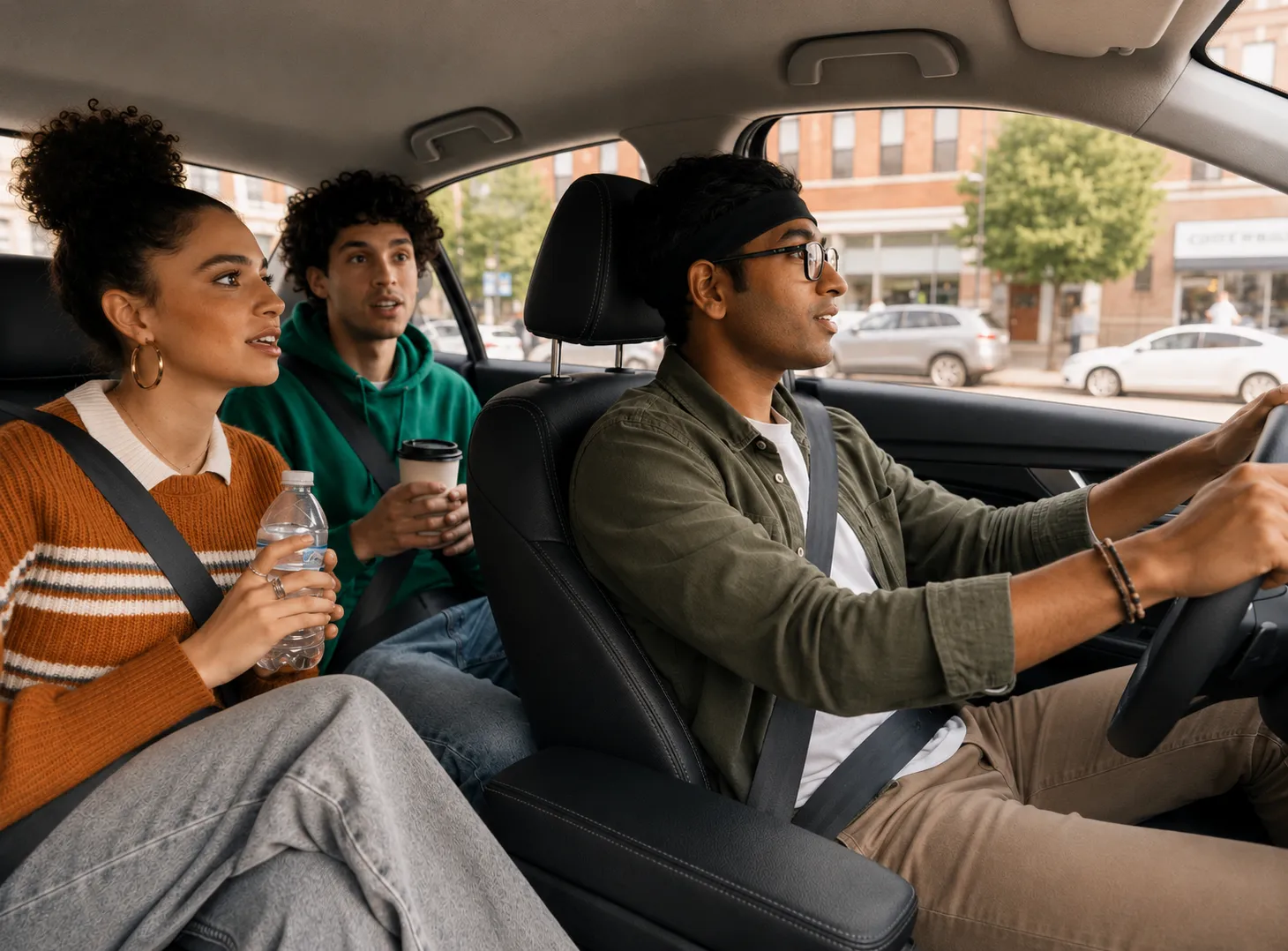 An Indian driver and two passengers carpooling in a car