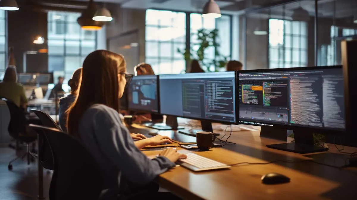 A woman works diligently in an office setting on a computer alongside the rest of the careviso team of professionals.