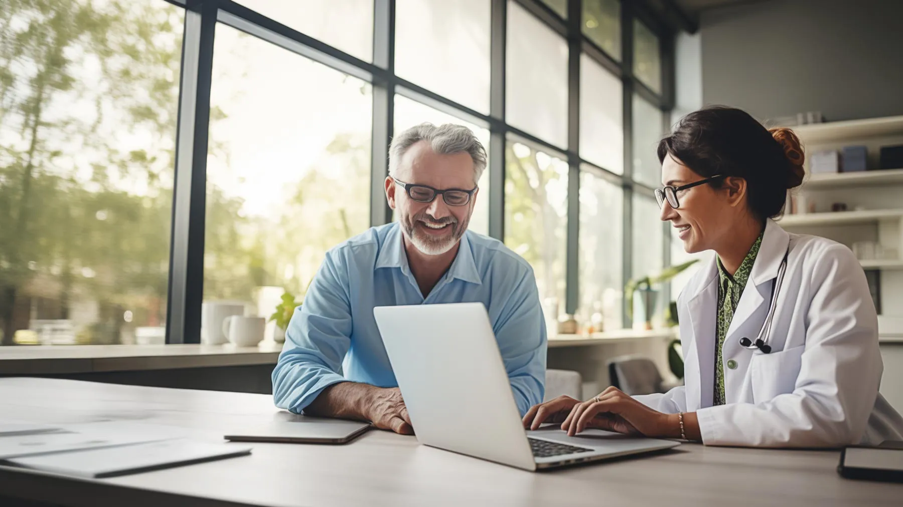 Doctor and patient smiling and looking at a laptop in a bright modern office.