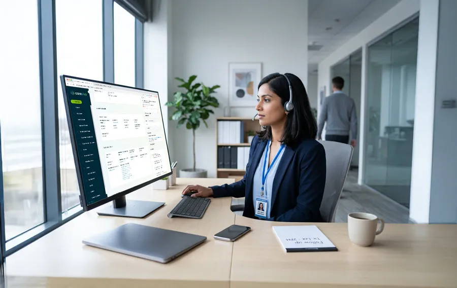 Woman wearing headset working on computer at desk in modern office with large windows.