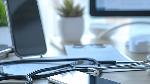 Close-up of a stethoscope resting on a wooden desk with a smartphone, clipboard, potted plant, and blurred computer monitor in the background.