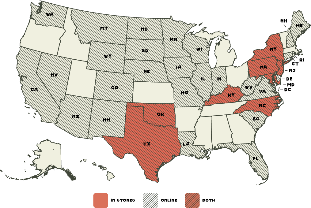Map showing states where Five Springs is available in-store or online