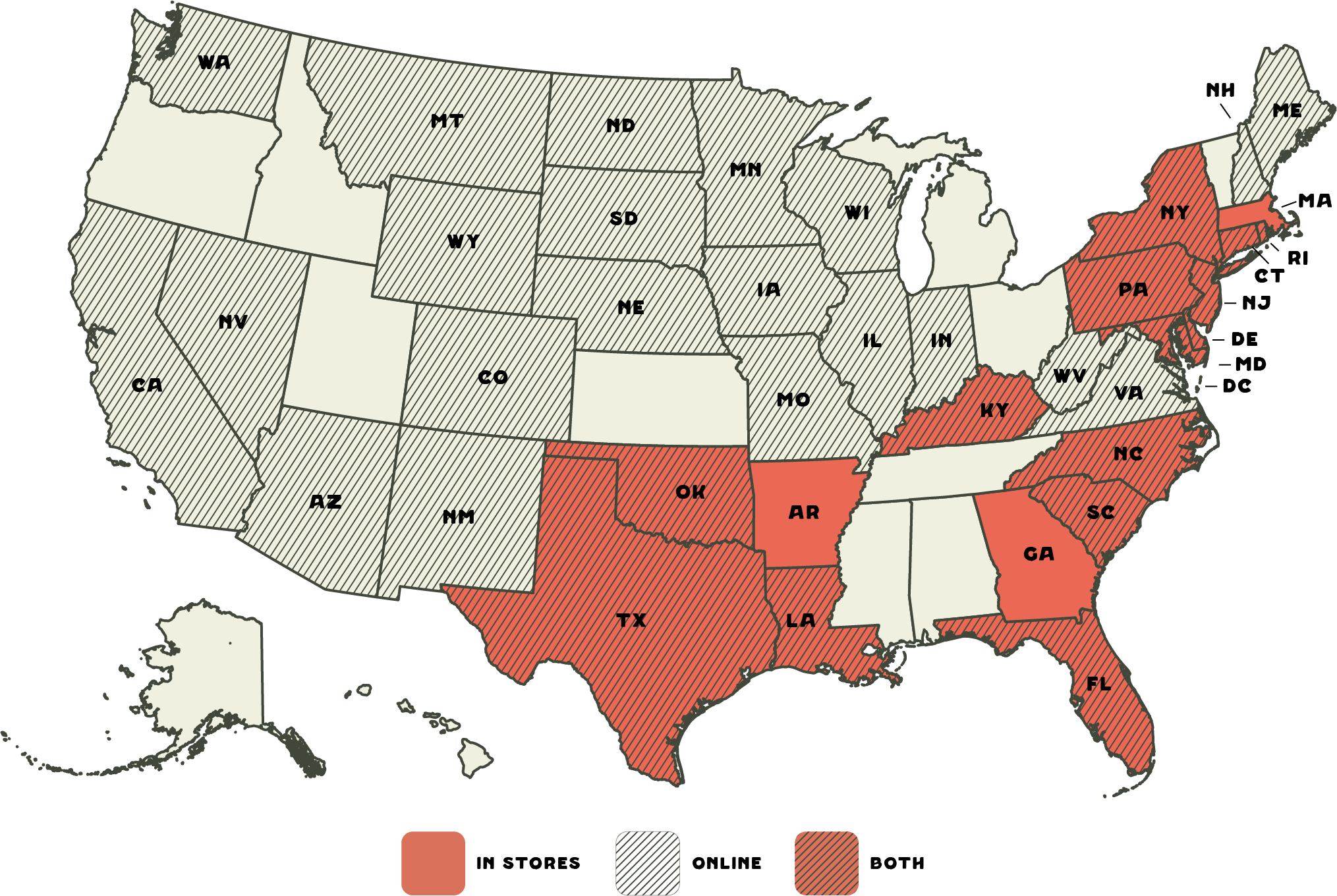 Map showing states where Five Springs is available in-store or online
