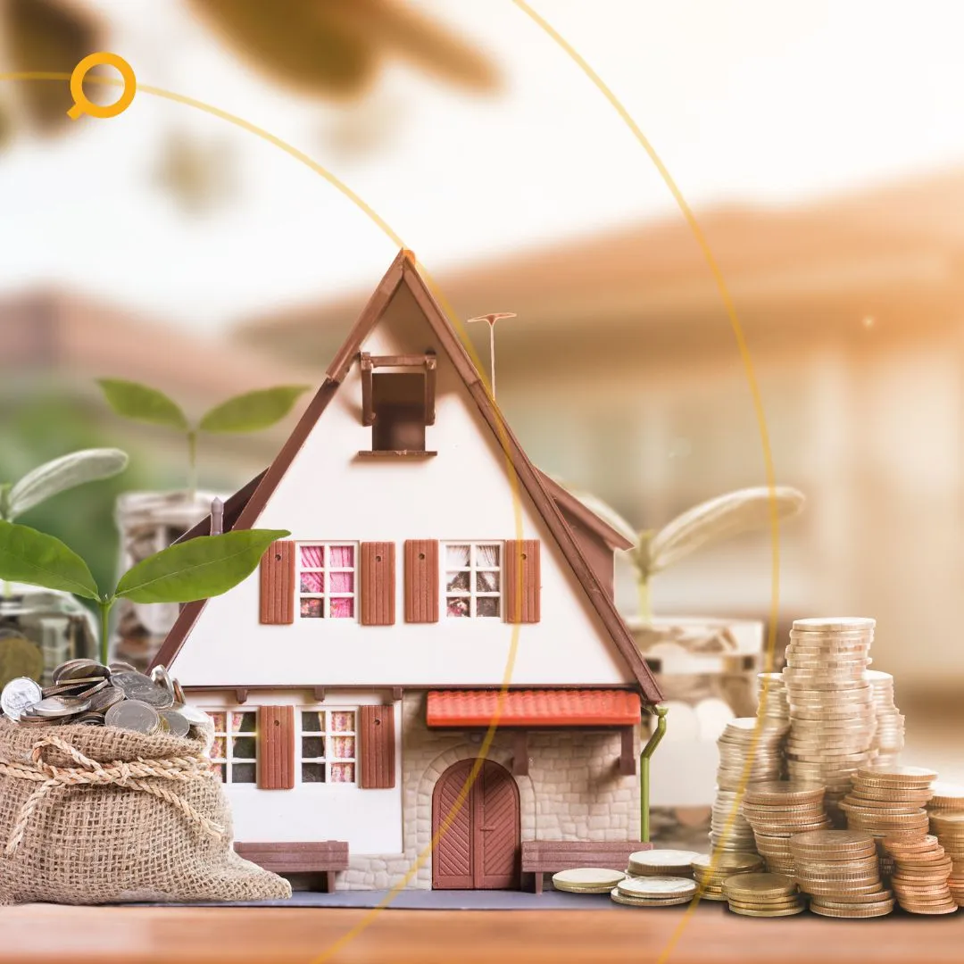 Model house with coin stacks, money bag, and seedlings symbolising smart property investment and financial growth.