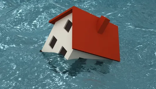 Illustration of a house sinking in floodwater, symbolising property risk, home insurance, or real estate loss due to natural disasters.