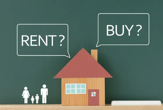 Miniature house with rent or buy options shown in speech bubbles, representing the decision between renting and homeownership.