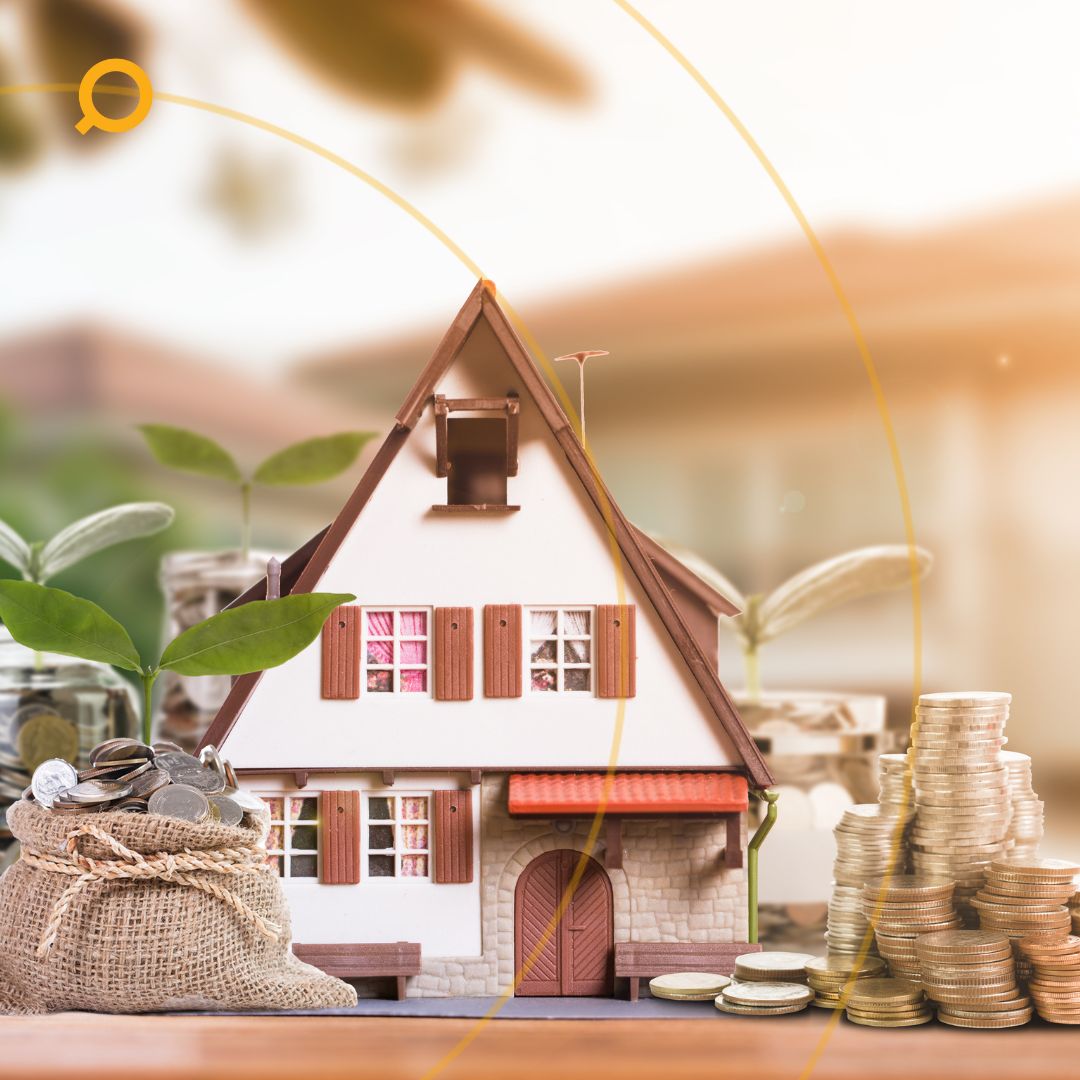Miniature house model surrounded by a sack of coins, stacks of gold coins, and jars with plants growing from them, symbolising property investment and financial growth.