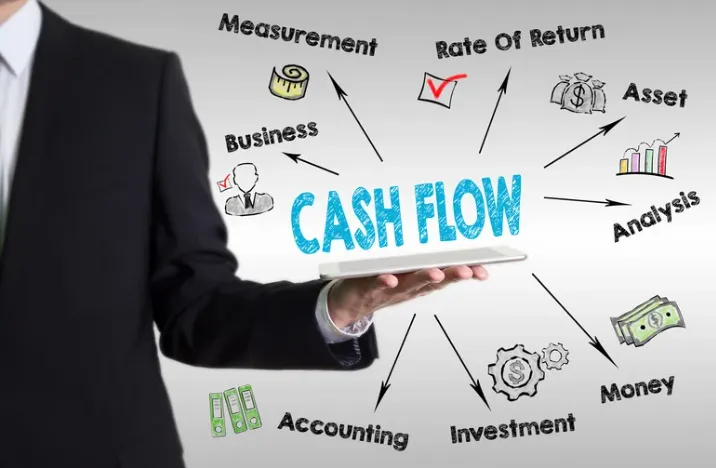Businessman holding a tablet with “Cash Flow” concept illustration, showing connections to investment, accounting, money, analysis, and business growth.