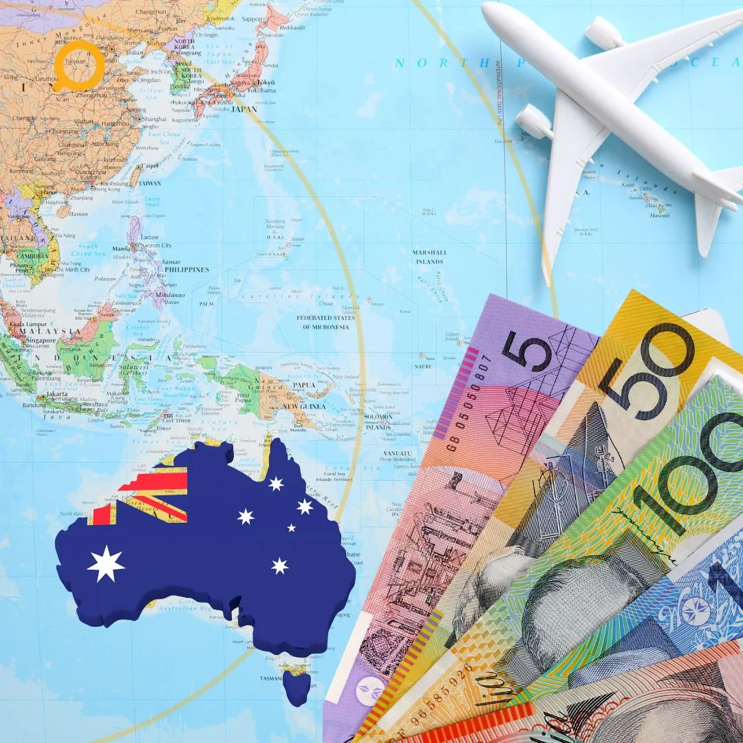 Global map highlighting Australia, with a miniature airplane and Australian banknotes, symbolising financial freedom in Australia.