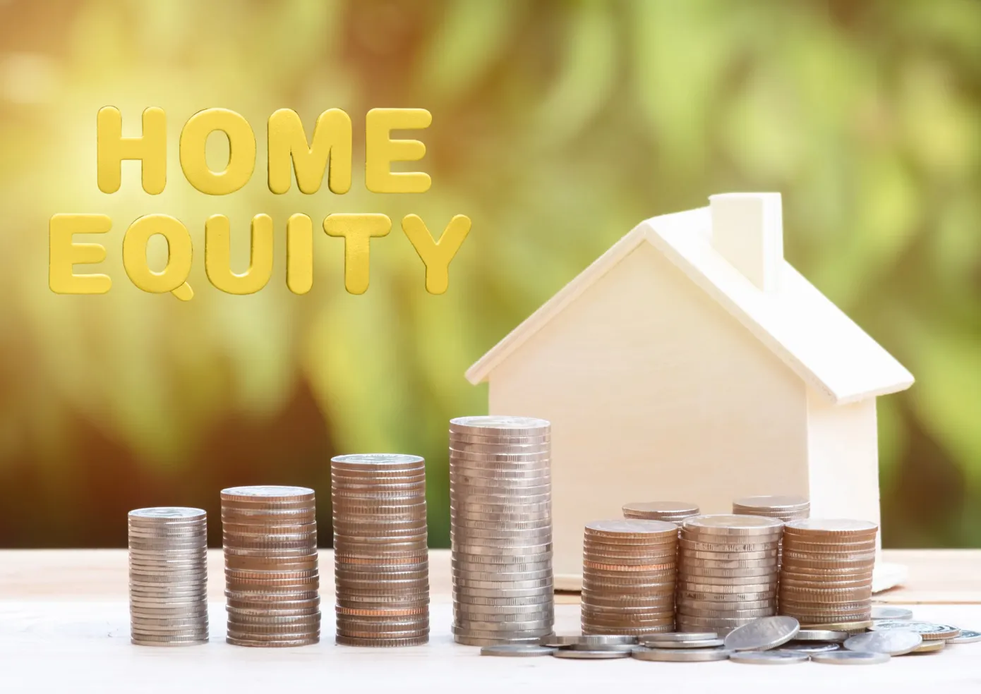 Stacks of coins increasing in height beside a wooden house model with the words “Home Equity” in bold yellow text, symbolising property wealth growth.