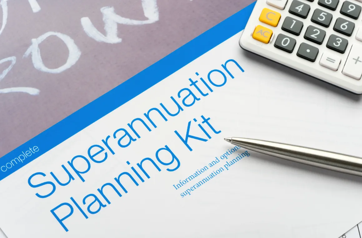Superannuation Planning Kit document with calculator and pen, representing Australian retirement and SMSF investment planning.